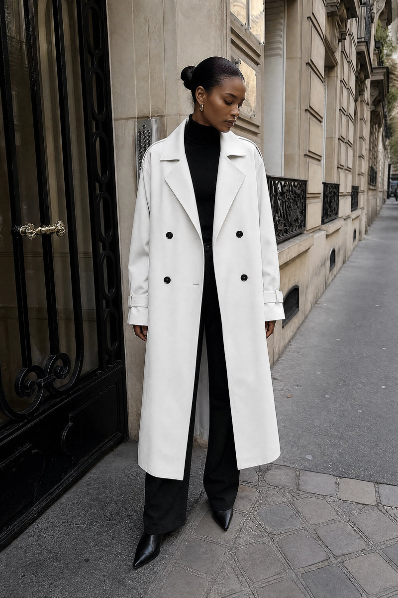 SOFAINE-V7-LIFE-Isabel | Lapel Trench Coat in White, street-style view