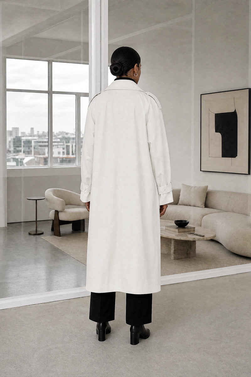 Isabel | Lapel Trench Coat in White, studio back view