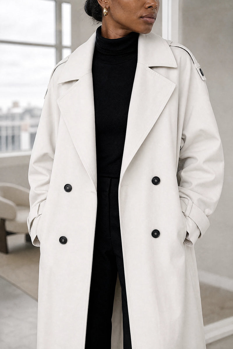 Isabel | Lapel Trench Coat in White, fabric close-up