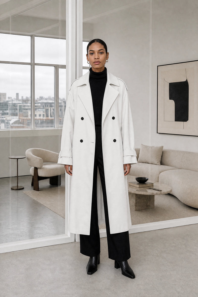 Isabel | Lapel Trench Coat in White, studio front view