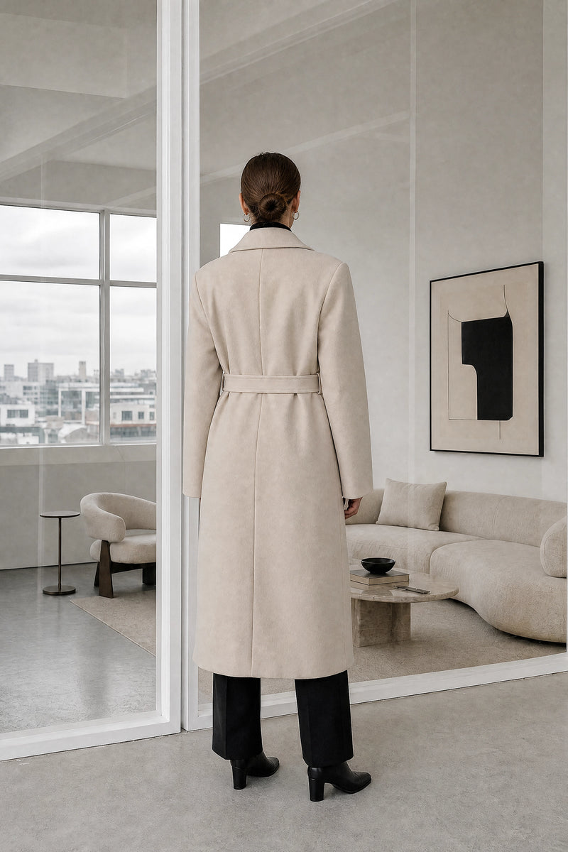 Isabelle | Belted Trench Coat in Beige, studio back view