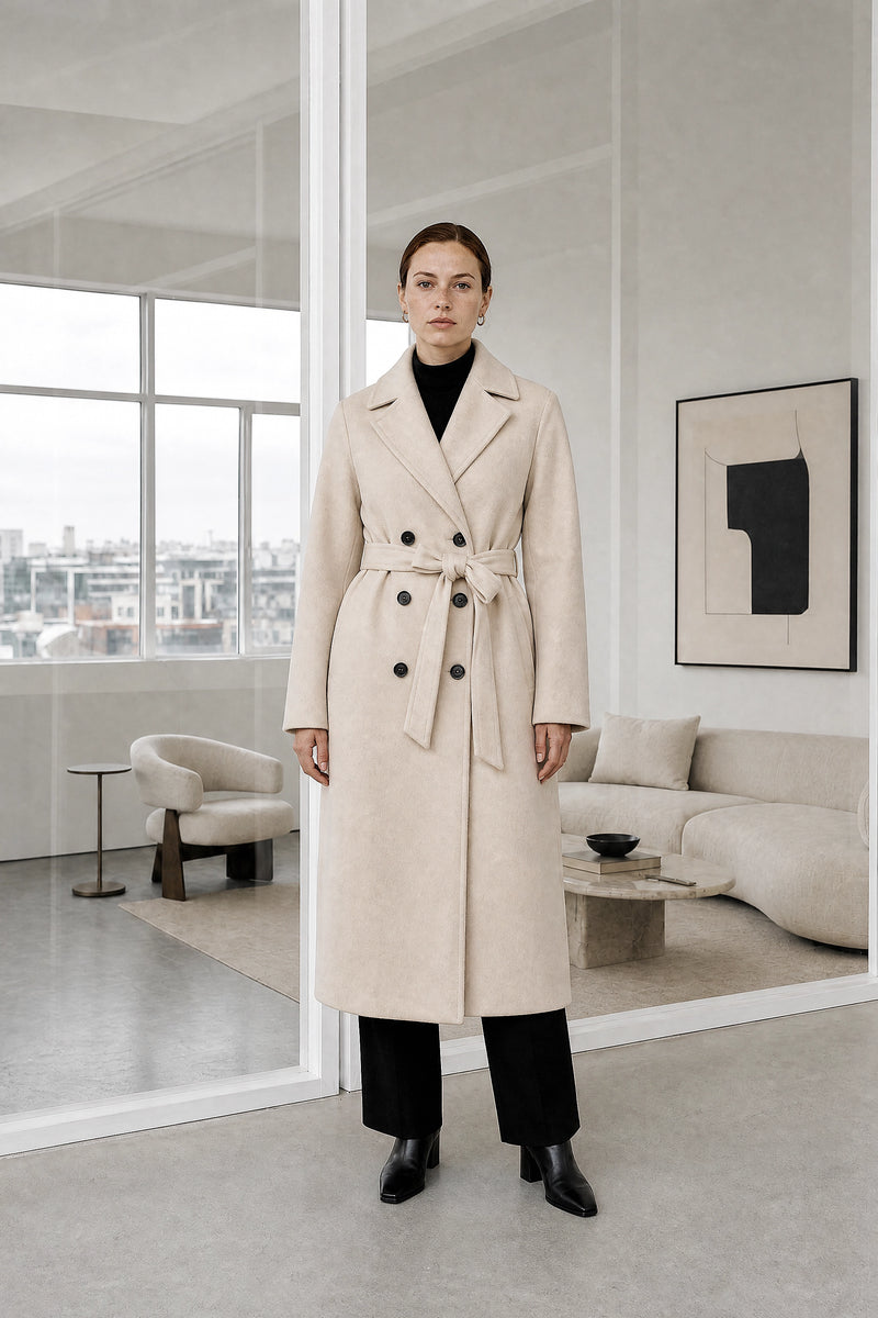 Isabelle | Belted Trench Coat in Beige, studio front view