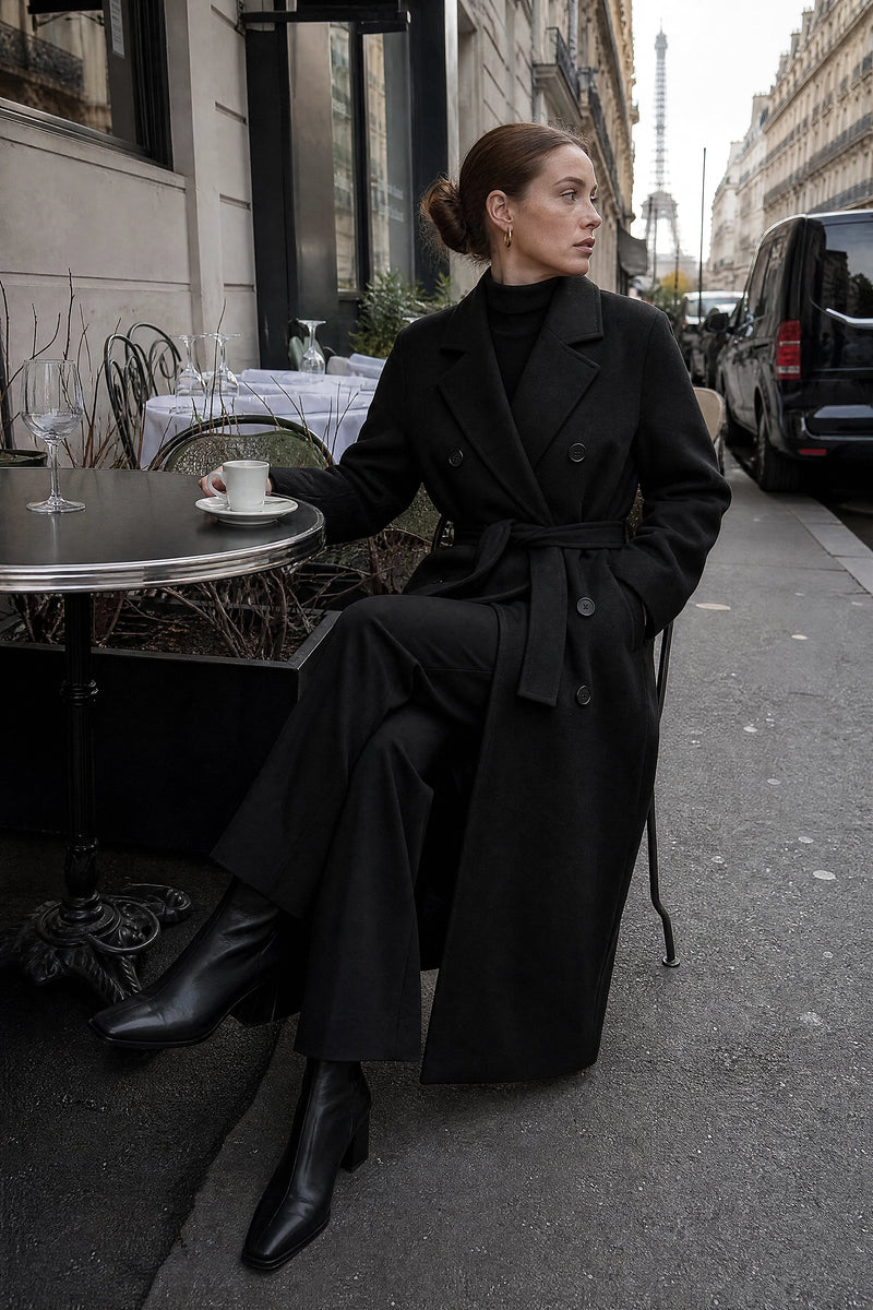 SOFAINE-V7-LIFE-Isabelle | Belted Trench Coat in Black, café scene