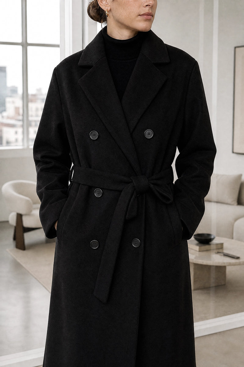 Isabelle | Belted Trench Coat in Black, fabric close-up