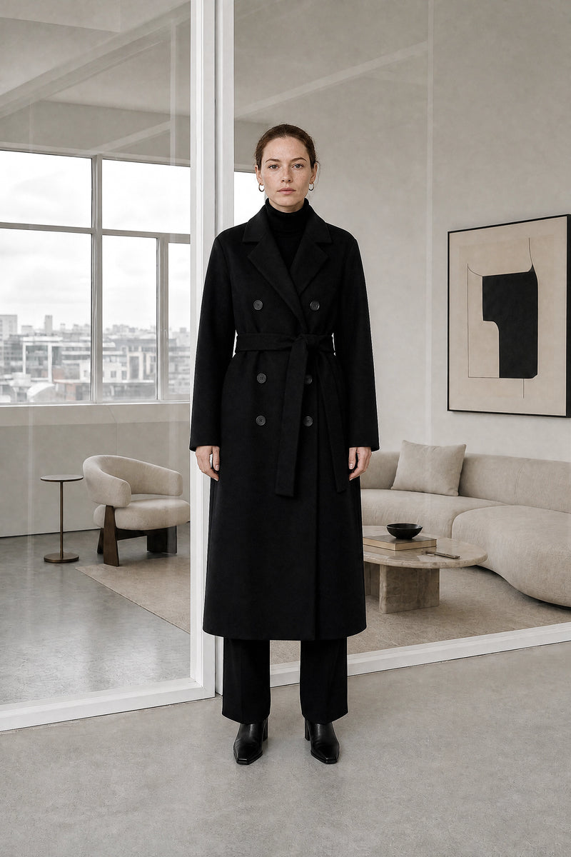 Isabelle | Belted Trench Coat in Black, studio front view