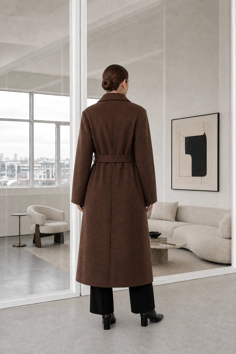 Isabelle | Belted Trench Coat in Dark Brown, studio back view