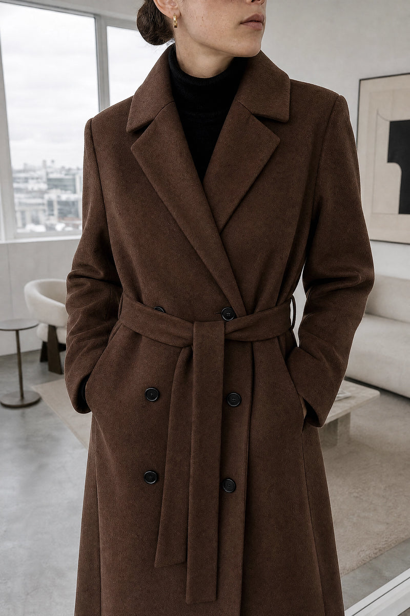 Isabelle | Belted Trench Coat in Dark Brown, fabric close-up