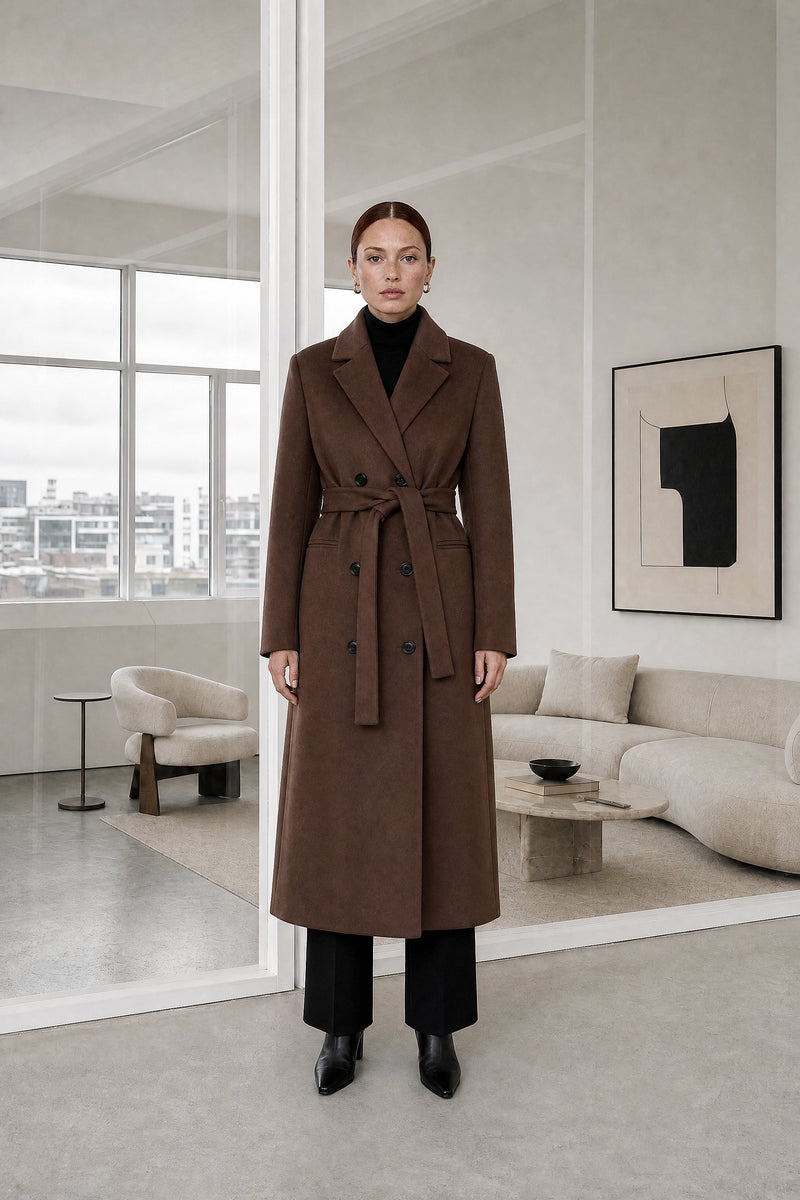 Isabelle | Belted Trench Coat in Dark Brown, studio front view