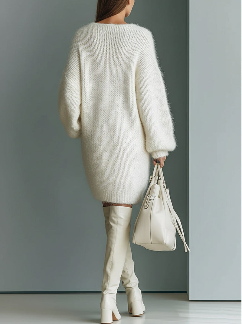 V Neck Sweater Dress for Women with Balloon Sleeves and Ribbed Hem in White, back view