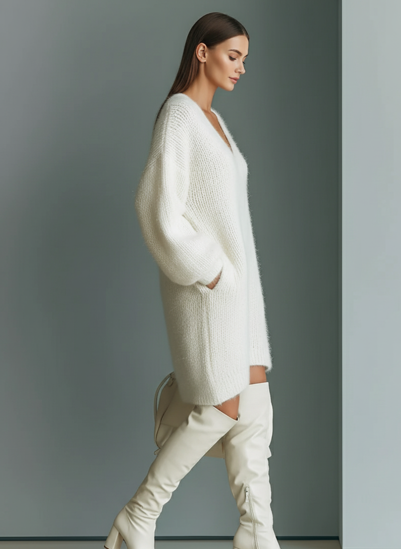 V Neck Sweater Dress for Women with Balloon Sleeves and Ribbed Hem in White, side view