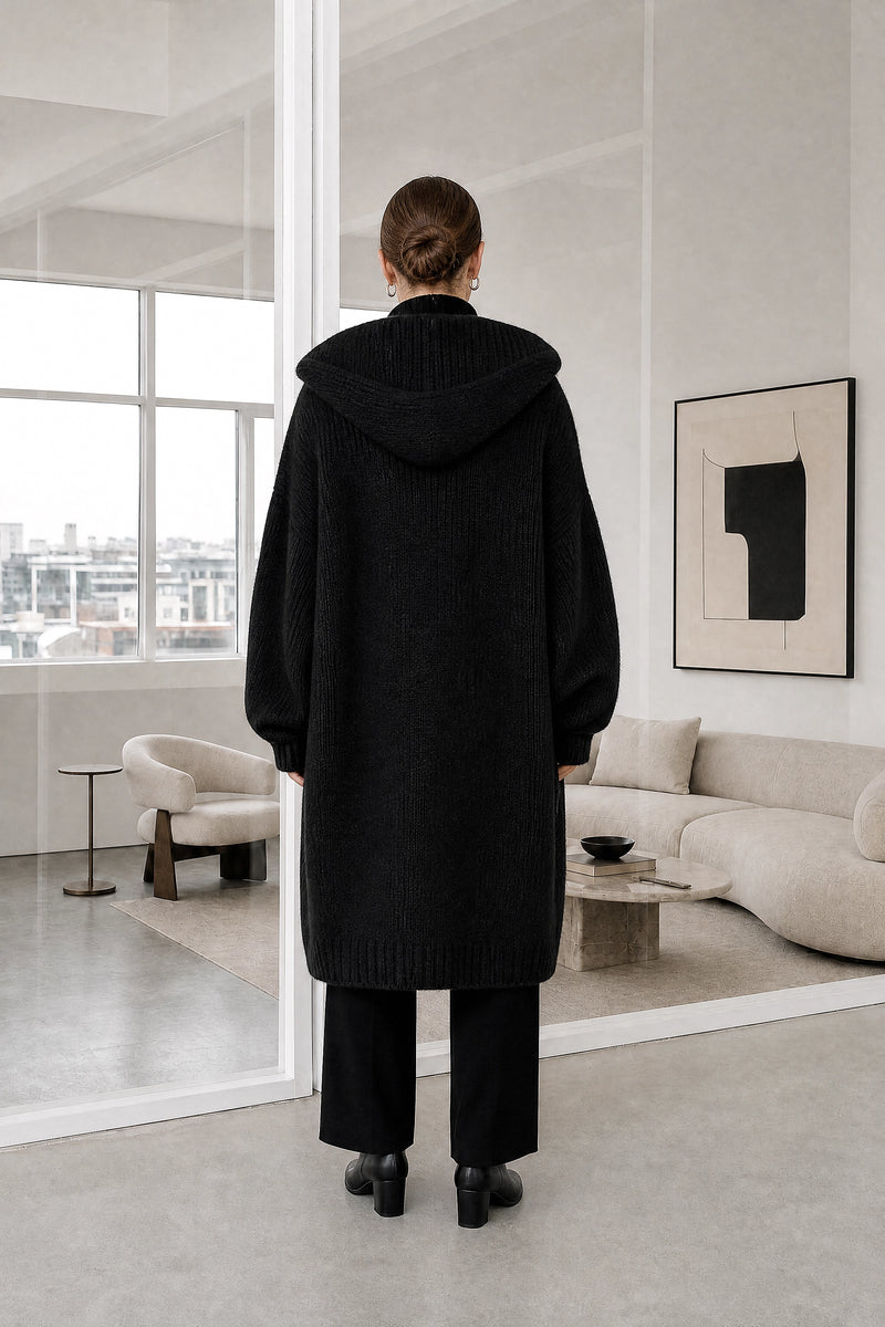 Ivy | Hooded Cardigan in Black, studio back view