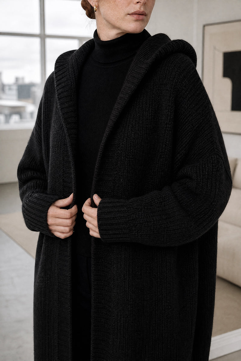 Ivy | Hooded Cardigan in Black, fabric close-up
