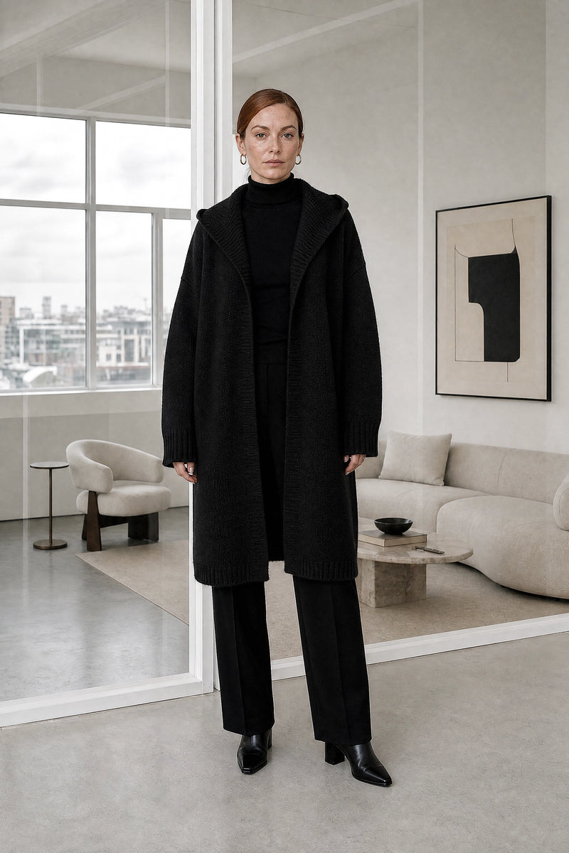 Ivy | Hooded Cardigan in Black, studio front view