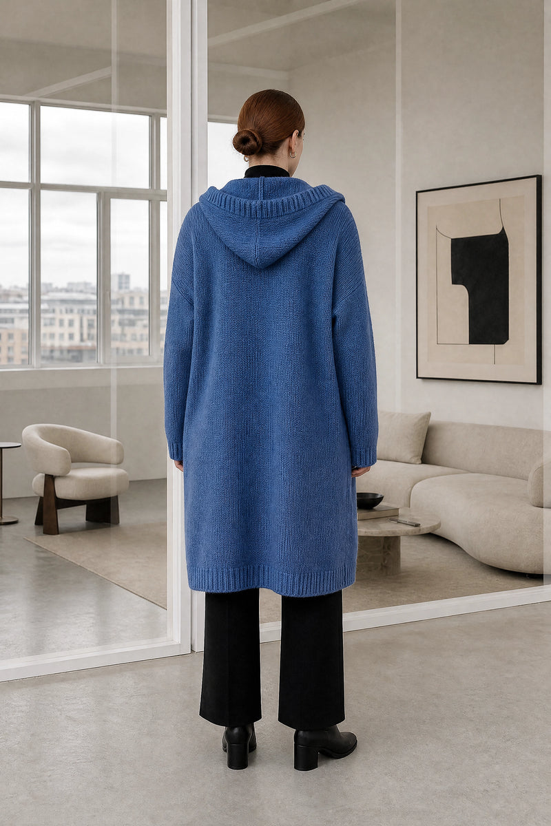 Ivy | Hooded Cardigan in Blue, studio back view