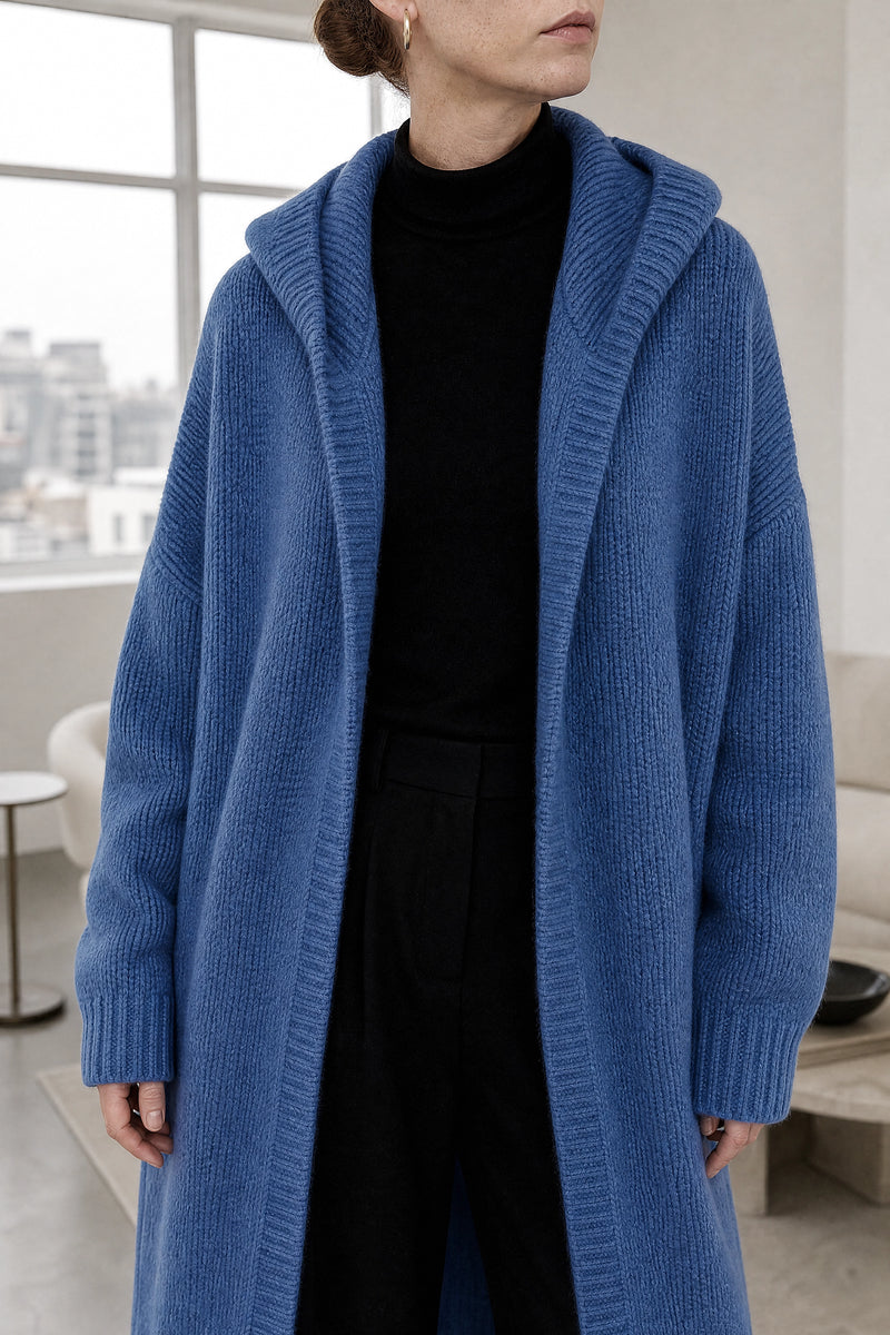 Ivy | Hooded Cardigan in Blue, fabric close-up