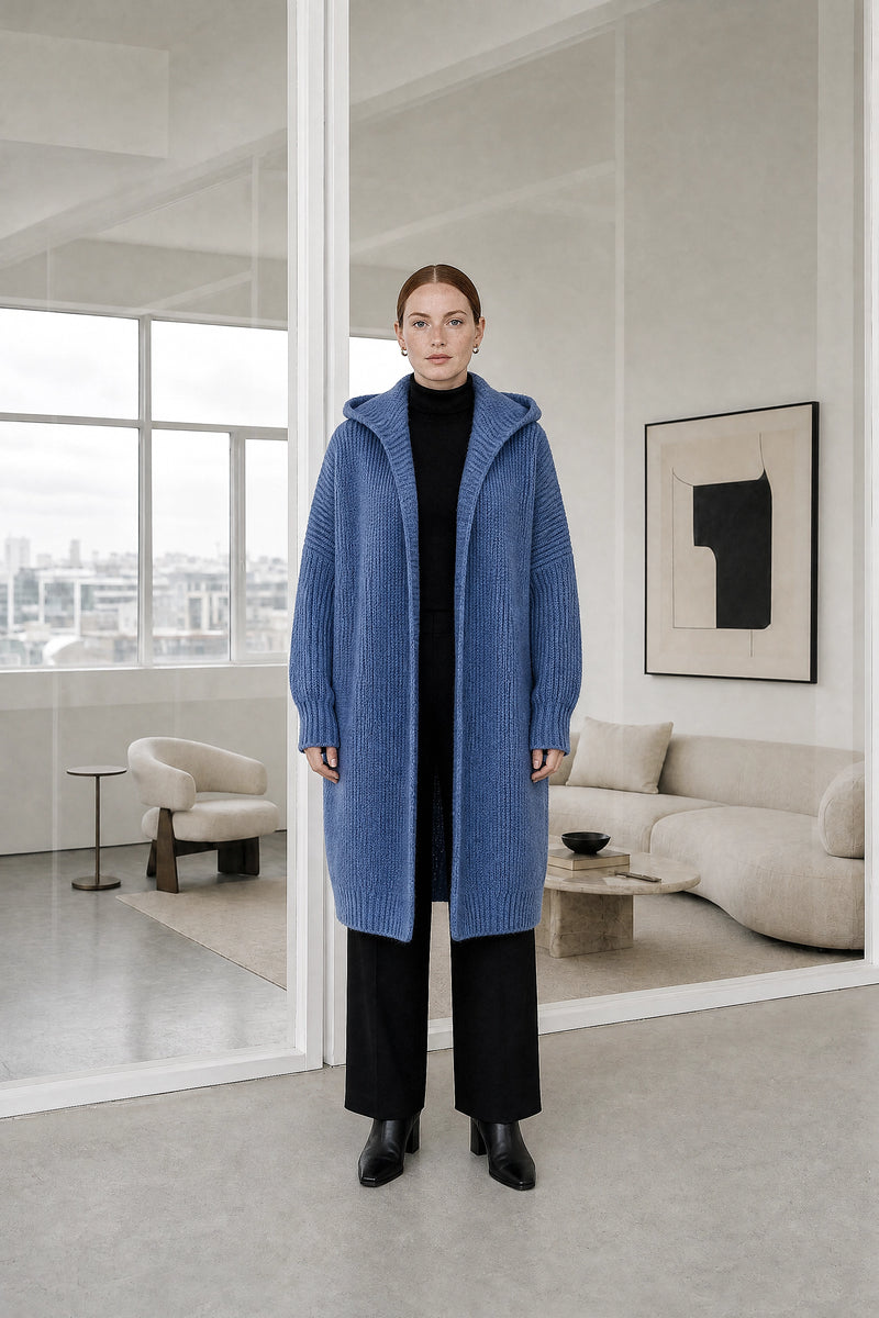 Ivy | Hooded Cardigan in Blue, studio front view