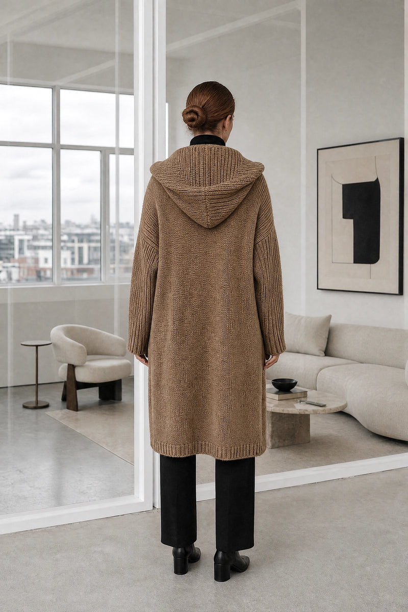 Ivy | Hooded Cardigan in Brown, studio back view