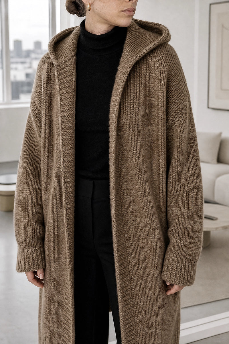 Ivy | Hooded Cardigan in Brown, fabric close-up