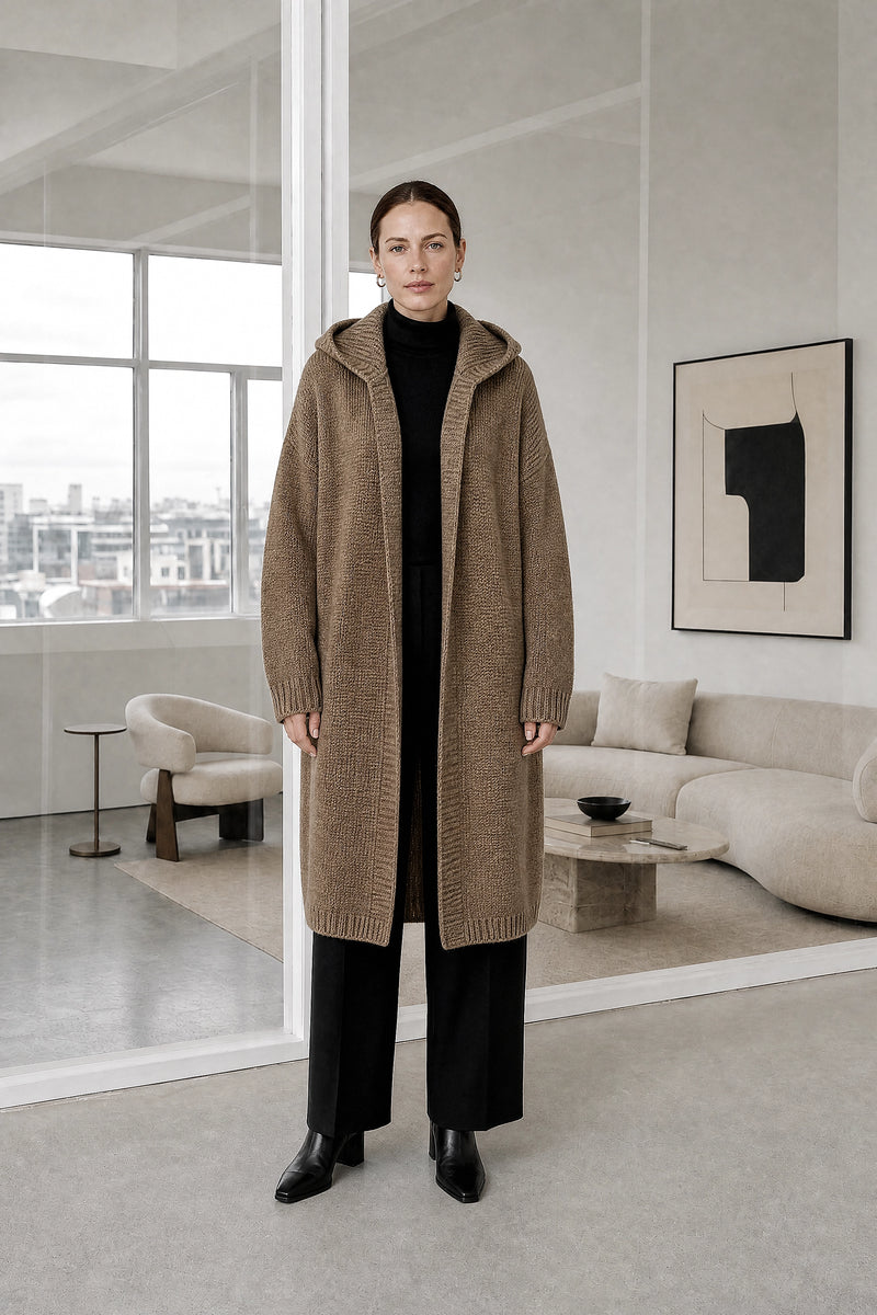 Ivy | Hooded Cardigan in Brown, studio front view