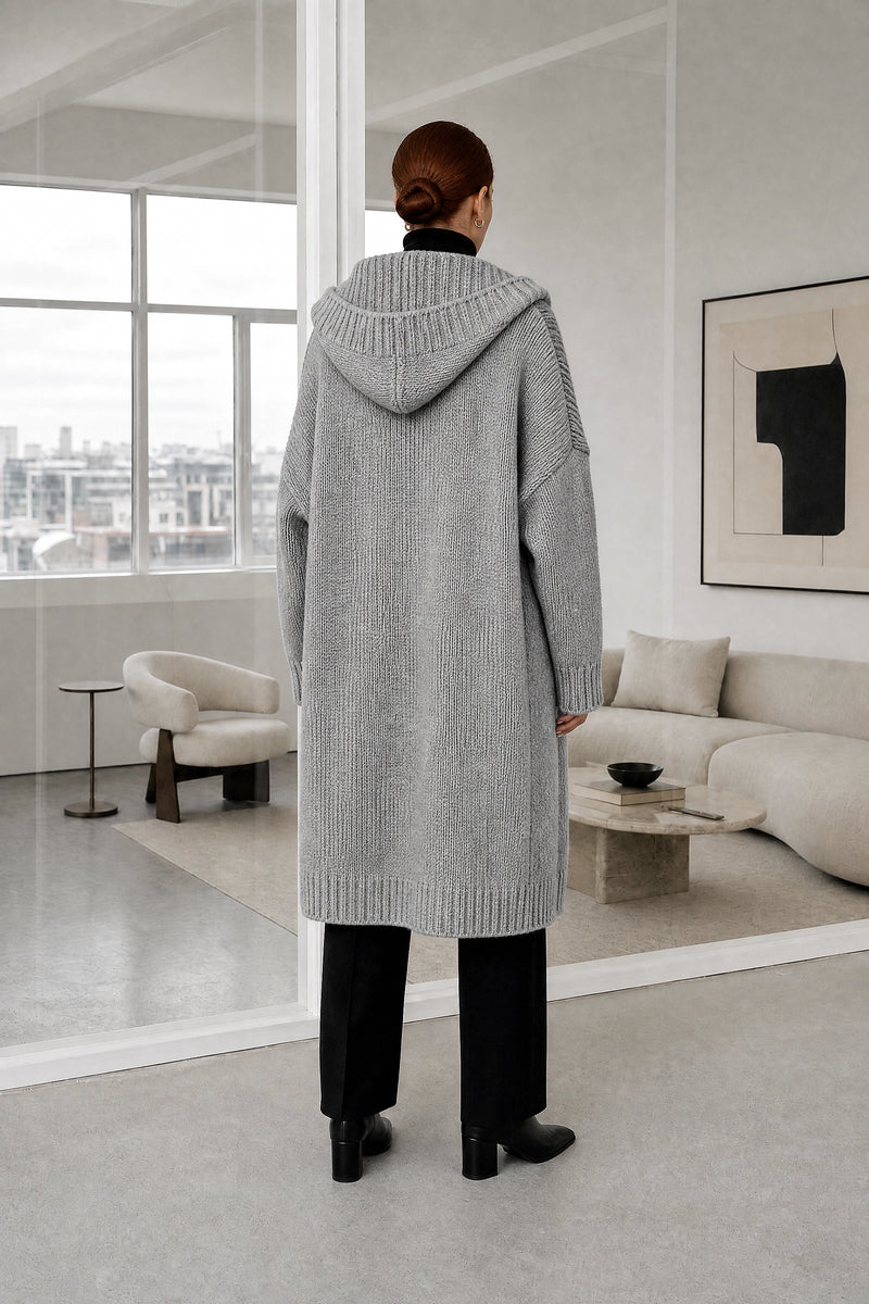 Ivy | Hooded Cardigan in Gray, studio back view