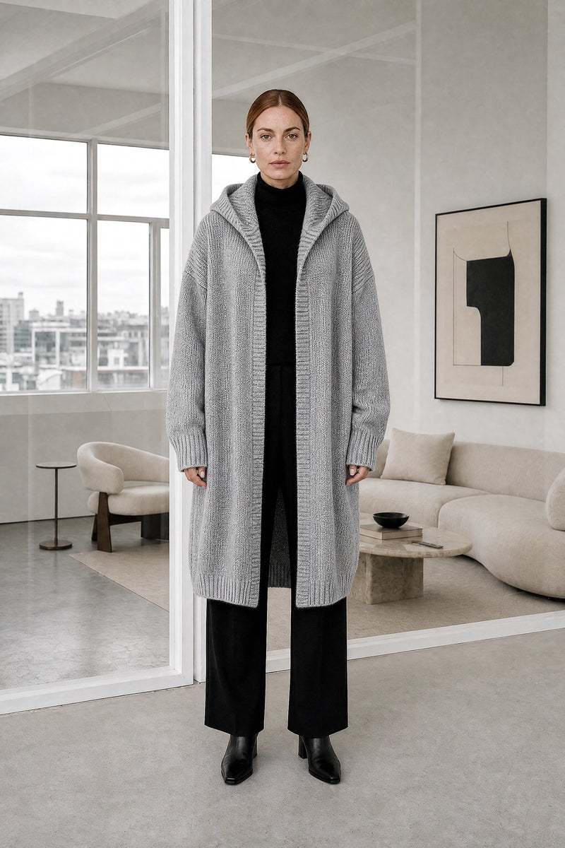 Ivy | Hooded Cardigan in Gray, studio front view