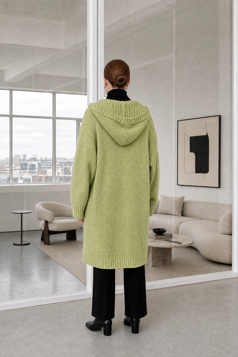 Ivy | Hooded Cardigan in Green, studio back view