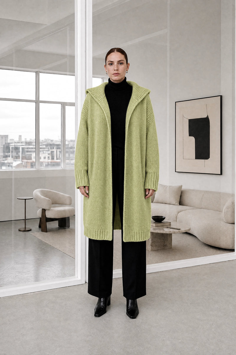 Ivy | Hooded Cardigan in Green, studio front view