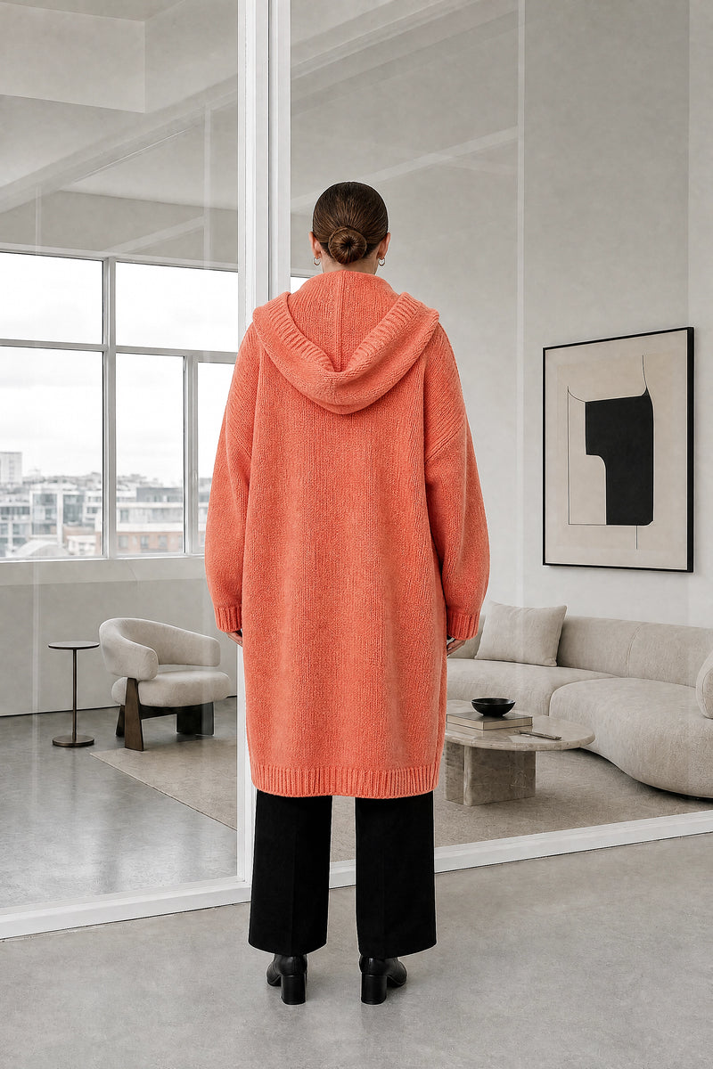 Ivy | Hooded Cardigan in Orange, studio back view