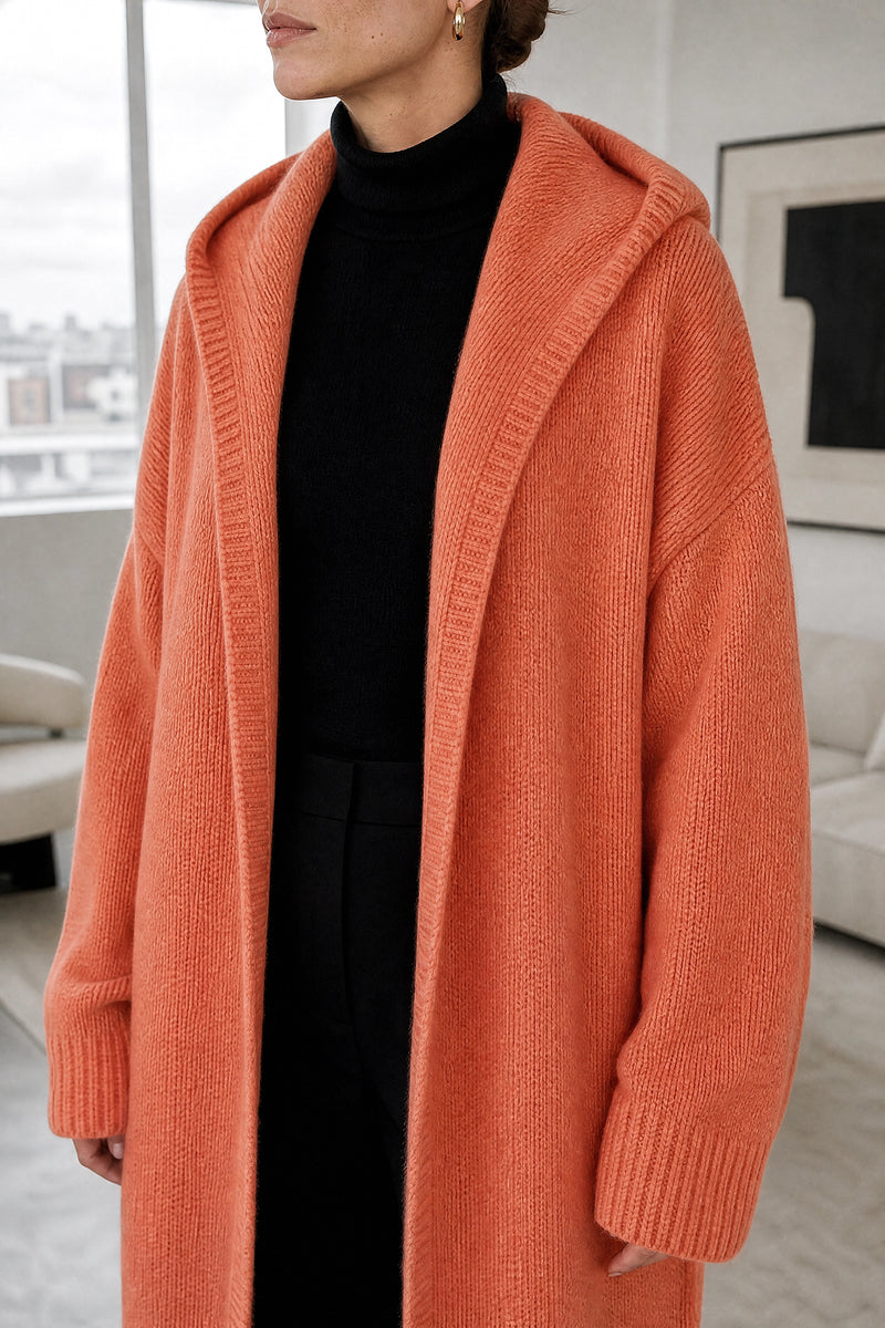 Ivy | Hooded Cardigan in Orange, fabric close-up