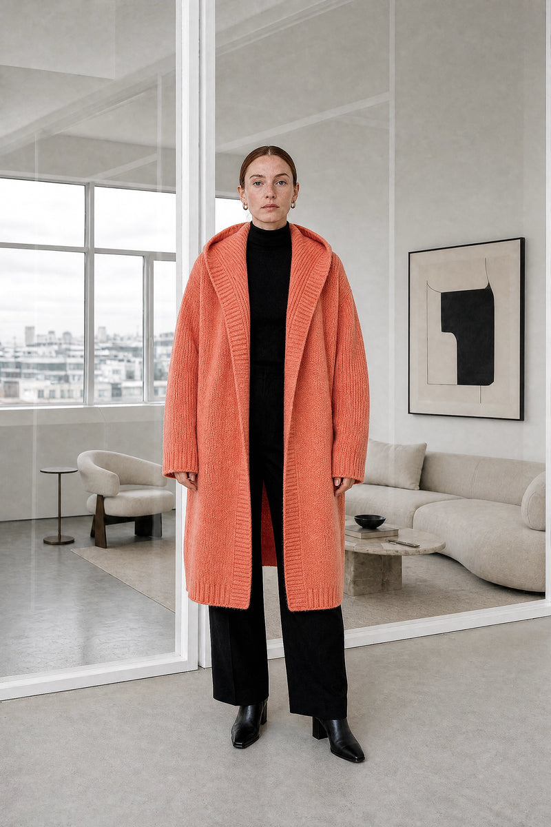 Ivy | Hooded Cardigan in Orange, studio front view