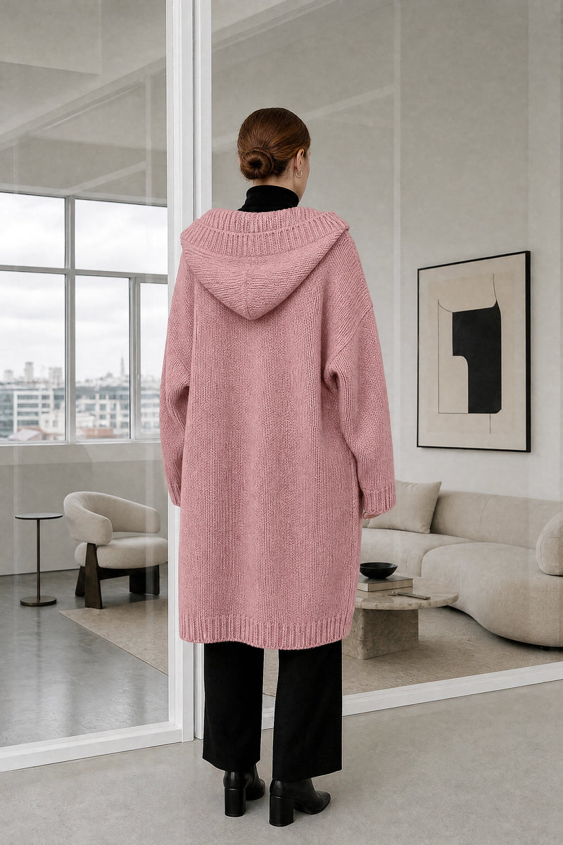 Ivy | Hooded Cardigan in Pink, studio back view