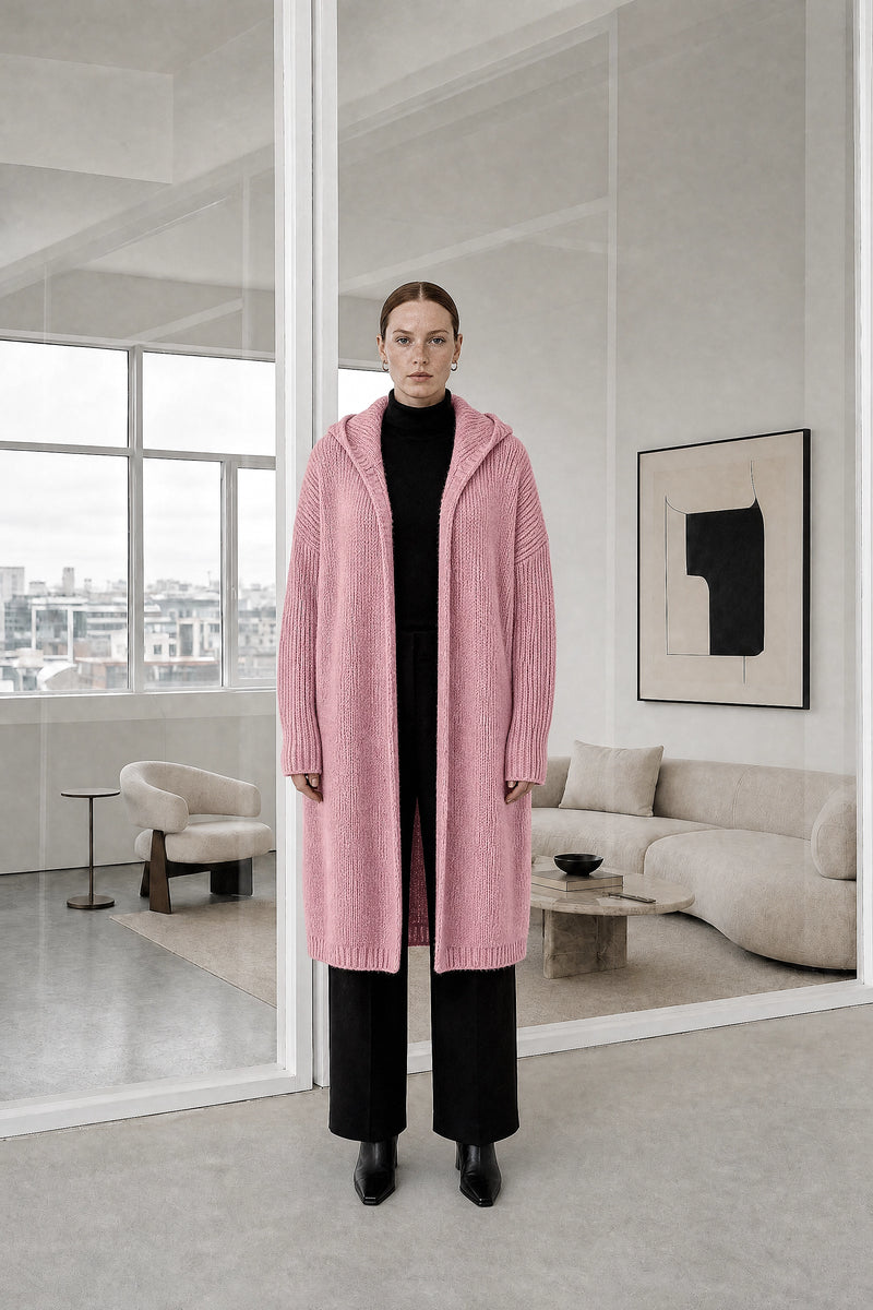 Ivy | Hooded Cardigan in Pink, studio front view
