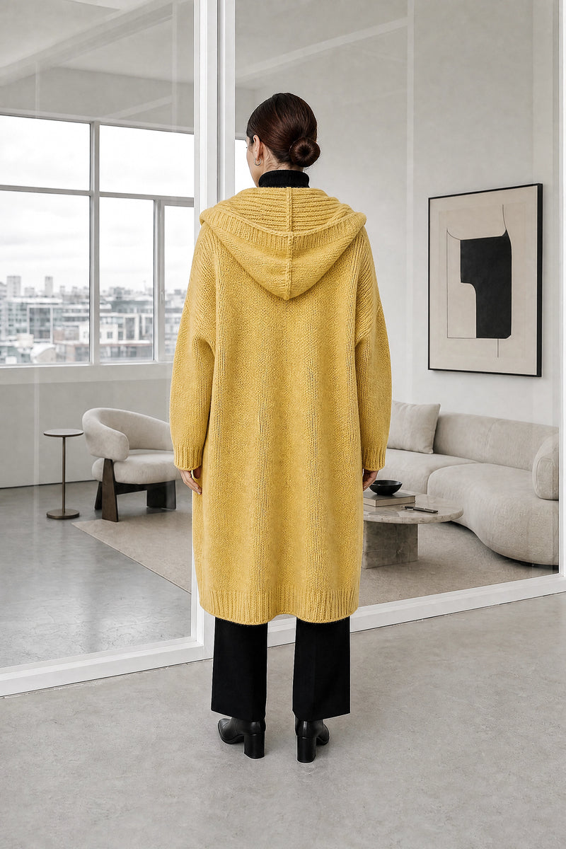 Ivy | Hooded Cardigan in Yellow, studio back view