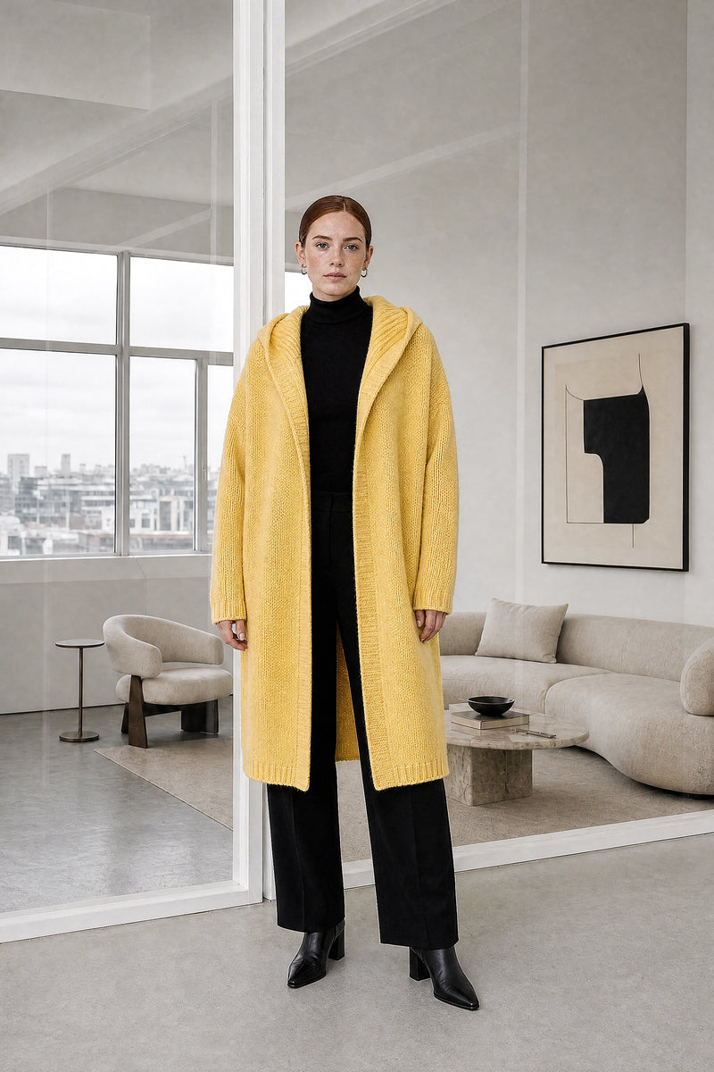 Ivy | Hooded Cardigan in Yellow, studio front view