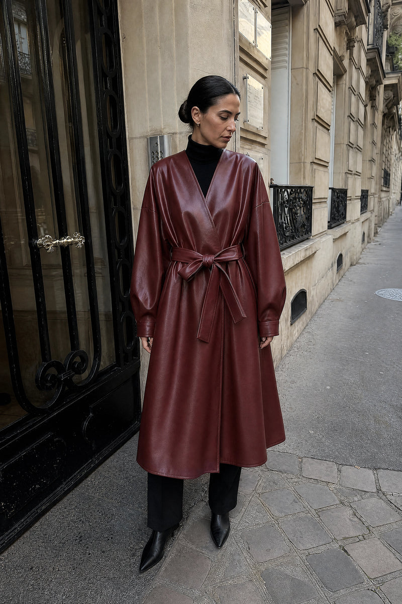 SOFAINE-V7-LIFE-Jaclyn | Faux Leather Wrap Coat in Angora Red, street-style view