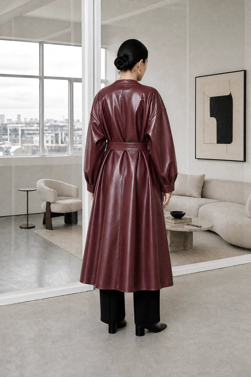 Jaclyn | Faux Leather Wrap Coat in Angora Red, studio back view