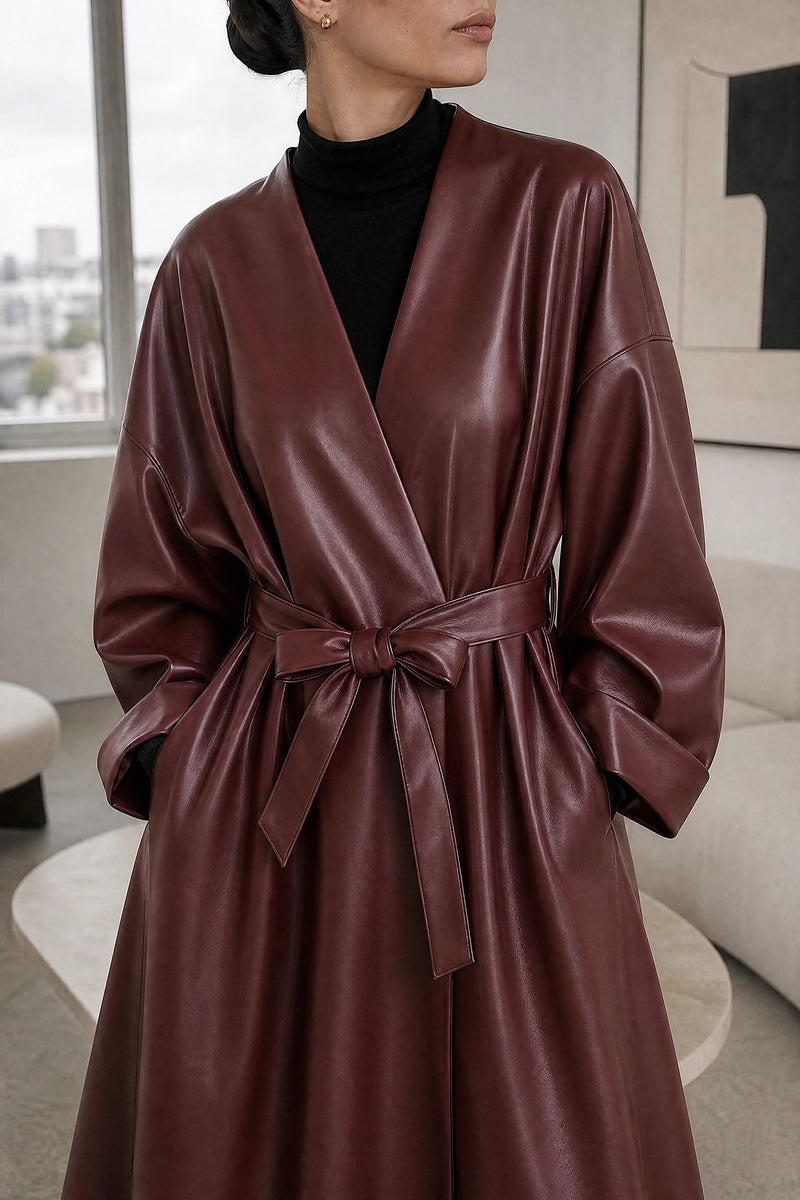 Jaclyn | Faux Leather Wrap Coat in Angora Red, fabric close-up