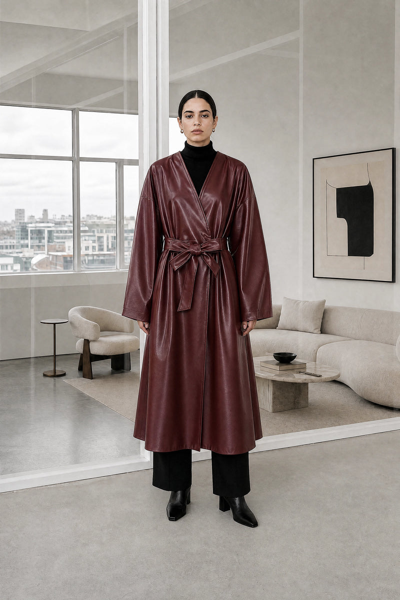 Jaclyn | Faux Leather Wrap Coat in Angora Red, studio front view