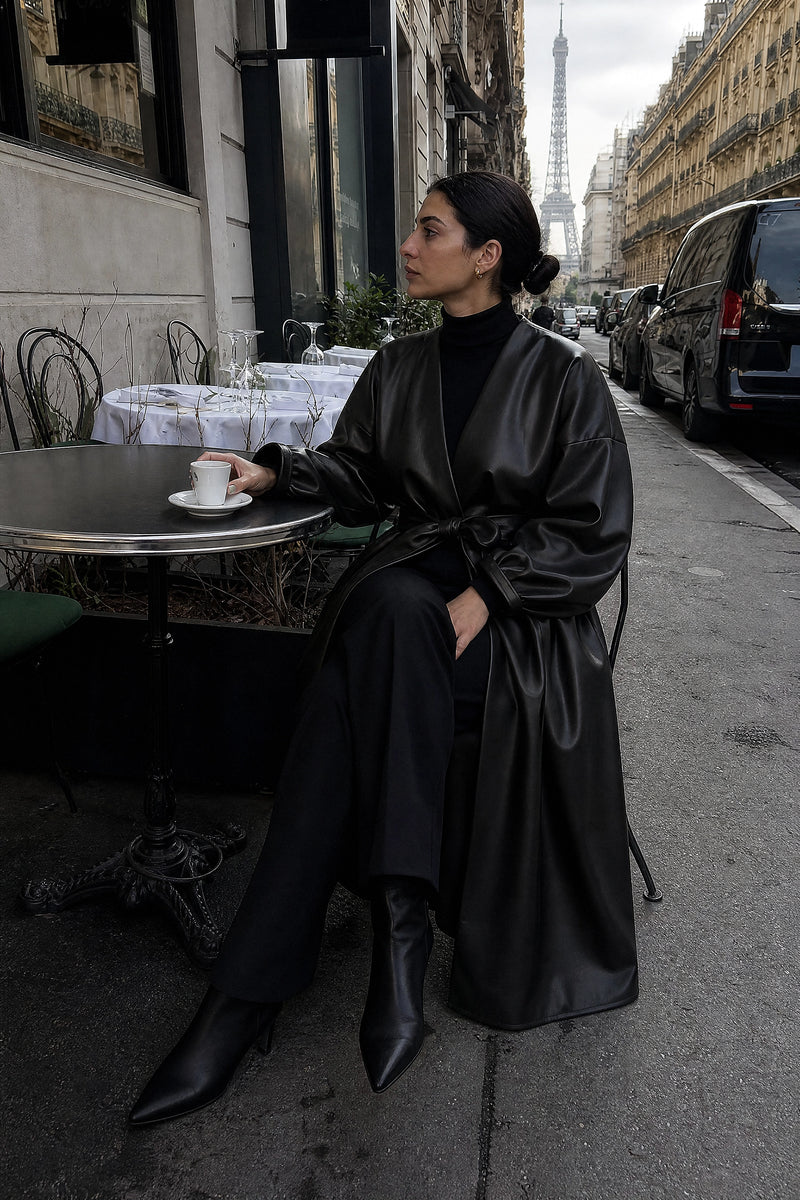 SOFAINE-V7-LIFE-Jaclyn | Faux Leather Wrap Coat in Black, café scene