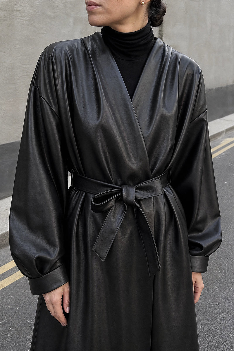 SOFAINE-V7-LIFE-Jaclyn | Faux Leather Wrap Coat in Black, detail close-up