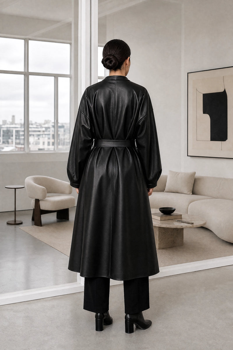 Jaclyn | Faux Leather Wrap Coat in Black, studio back view