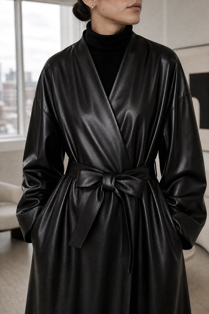 Jaclyn | Faux Leather Wrap Coat in Black, fabric close-up