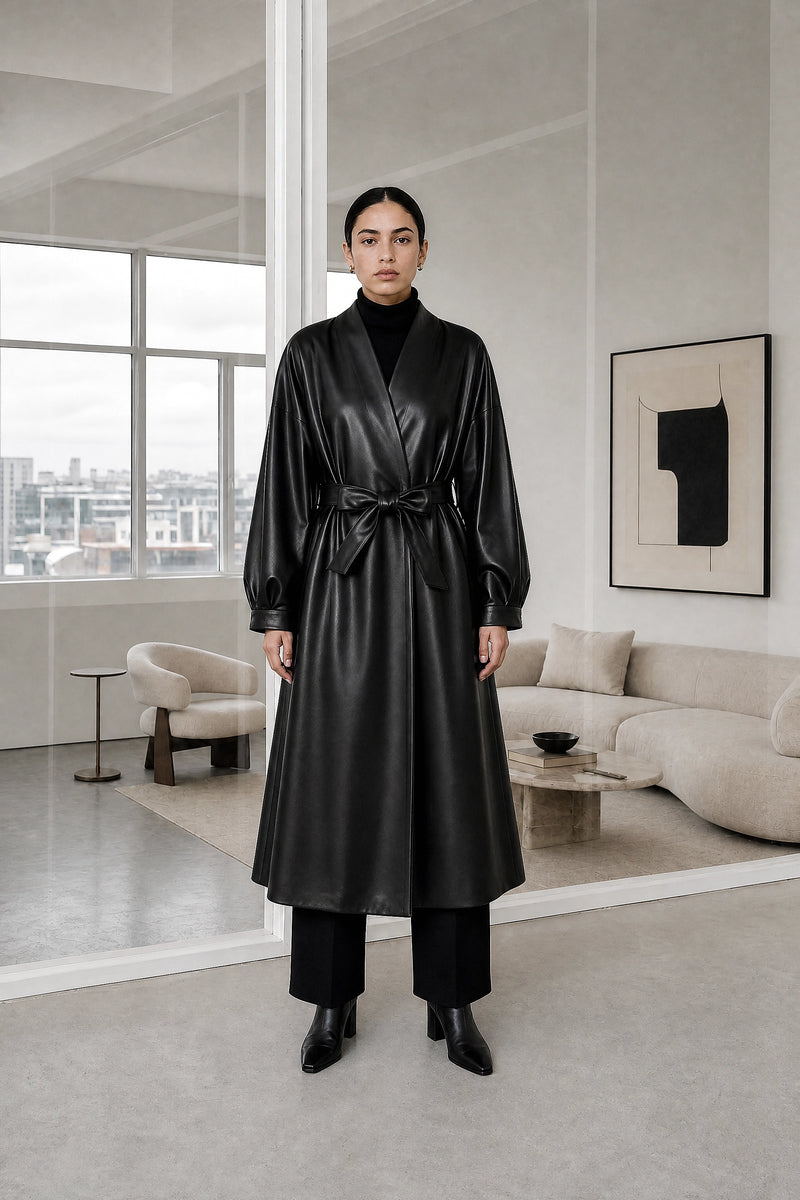 Jaclyn | Faux Leather Wrap Coat in Black, studio front view