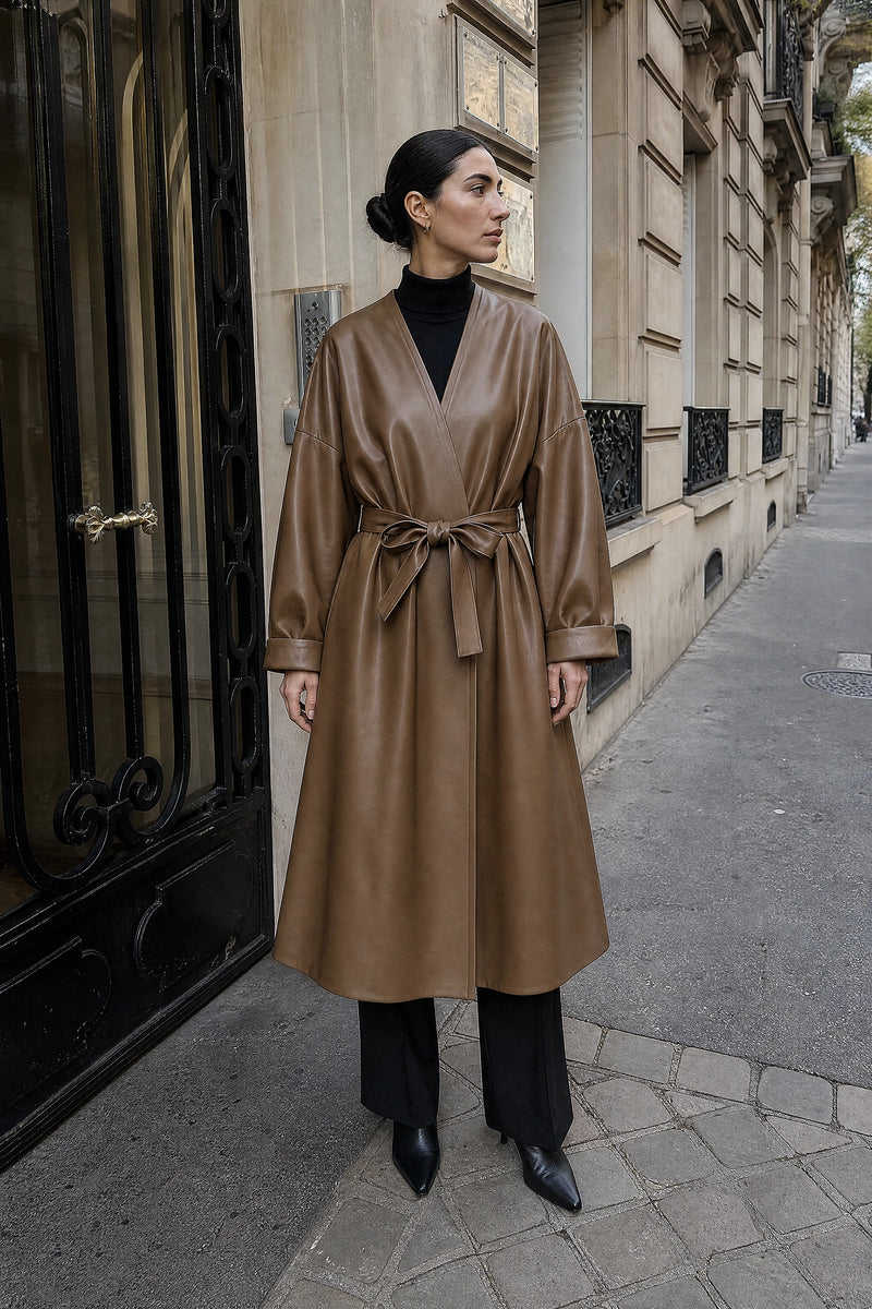SOFAINE-V7-LIFE-Jaclyn | Faux Leather Wrap Coat in Brown, street-style view