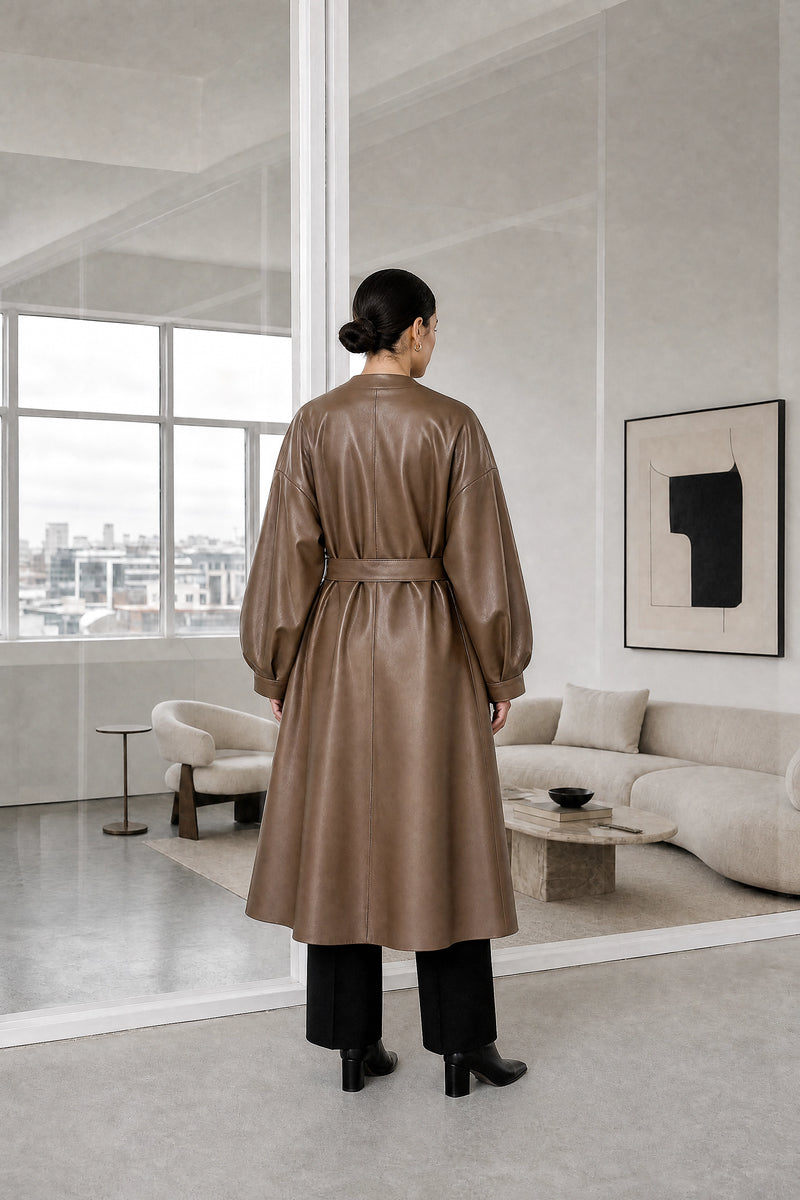 Jaclyn | Faux Leather Wrap Coat in Brown, studio back view