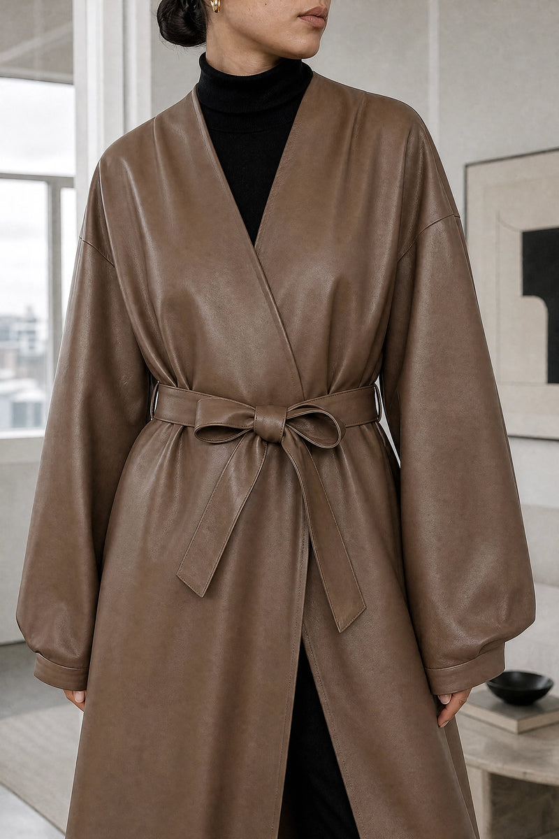 Jaclyn | Faux Leather Wrap Coat in Brown, fabric close-up