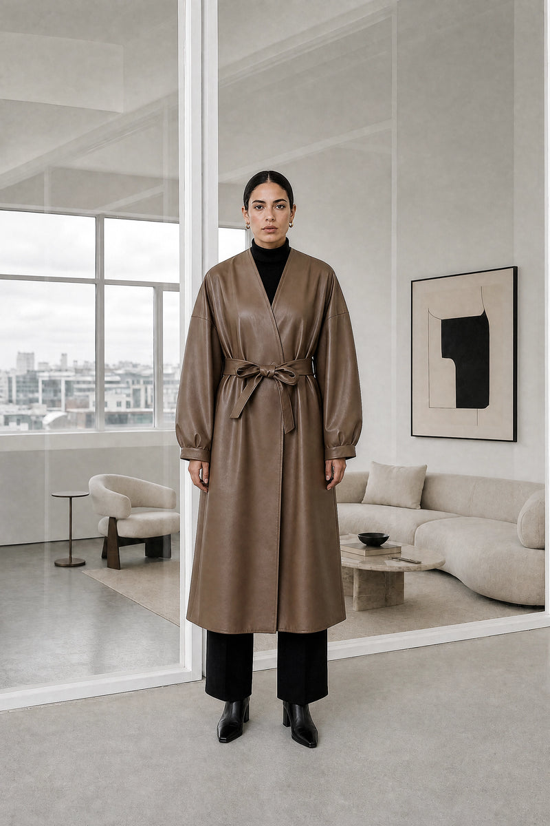Jaclyn | Faux Leather Wrap Coat in Brown, studio front view