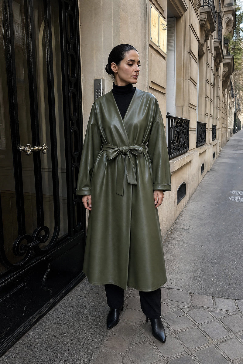 SOFAINE-V7-LIFE-Jaclyn | Faux Leather Wrap Coat in Grass Green, street-style view
