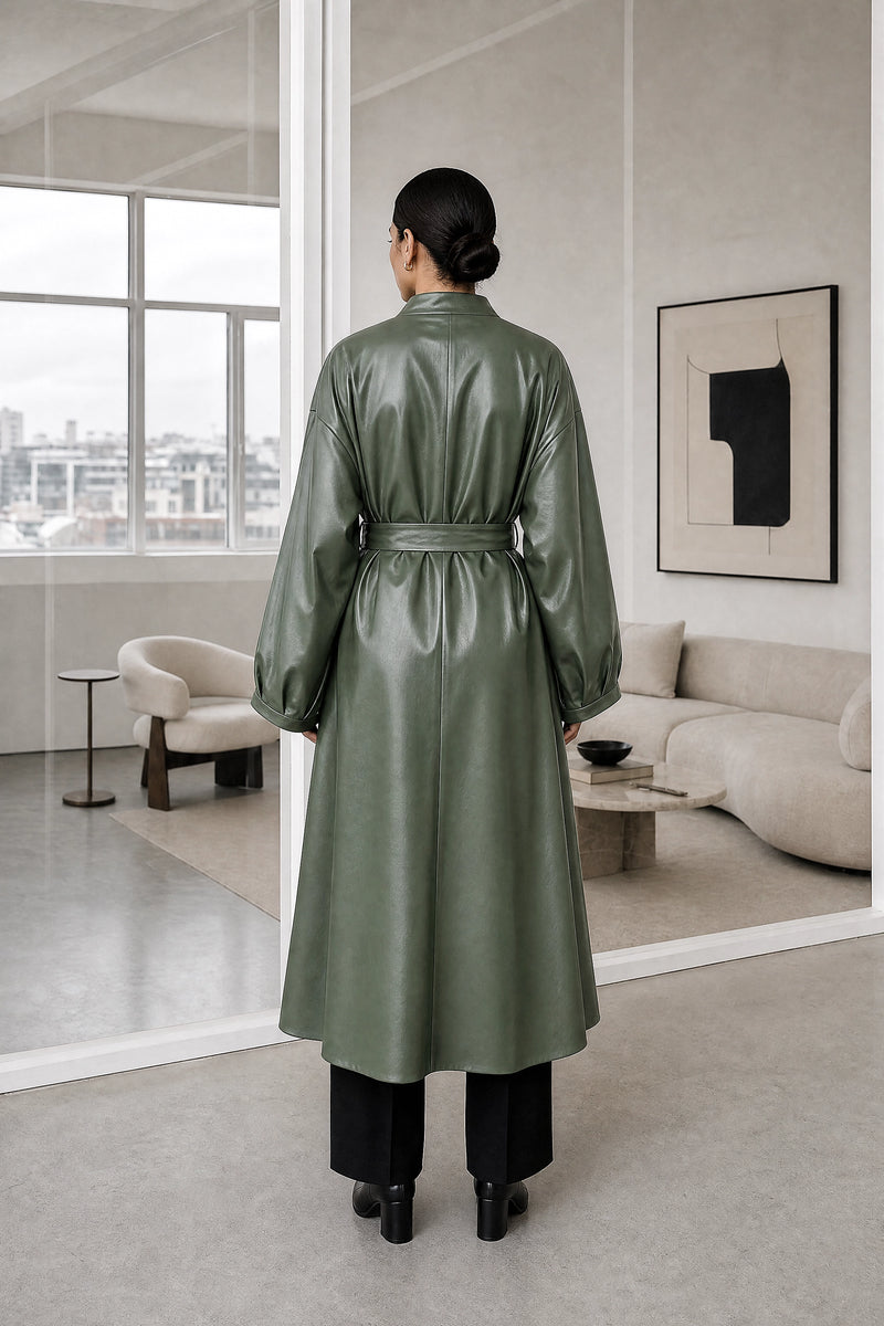 Jaclyn | Faux Leather Wrap Coat in Grass Green, studio back view