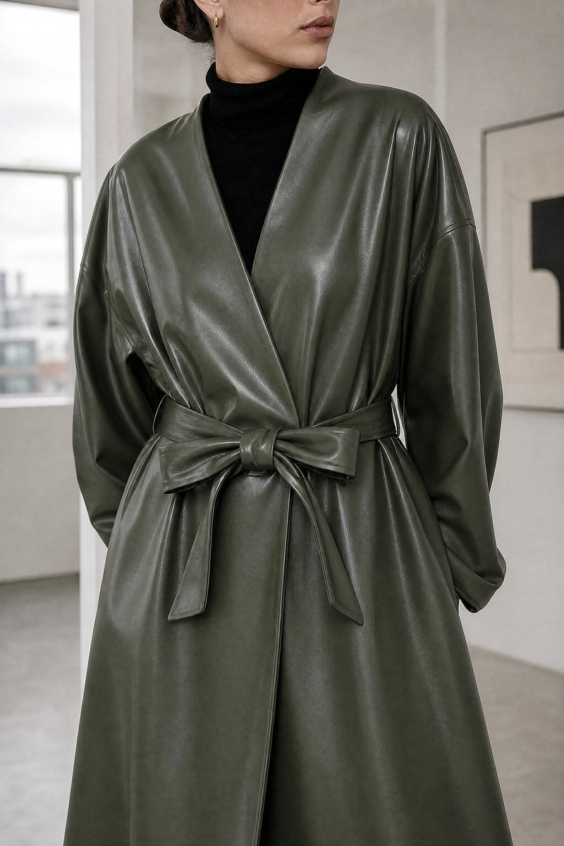 Jaclyn | Faux Leather Wrap Coat in Grass Green, fabric close-up